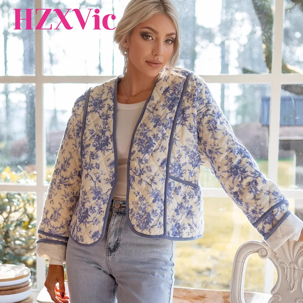 HZXVic Women's Blue Cotton Jacket with Small Floral Retro Print V-Neck Versatile French Style Roll-Edge Design for Casual Wear
HZXVic Women's Blue Cotton Jacket with Small Floral Retro Print V-Neck Versatile French Style Roll-Edge Design for Casual Wear
