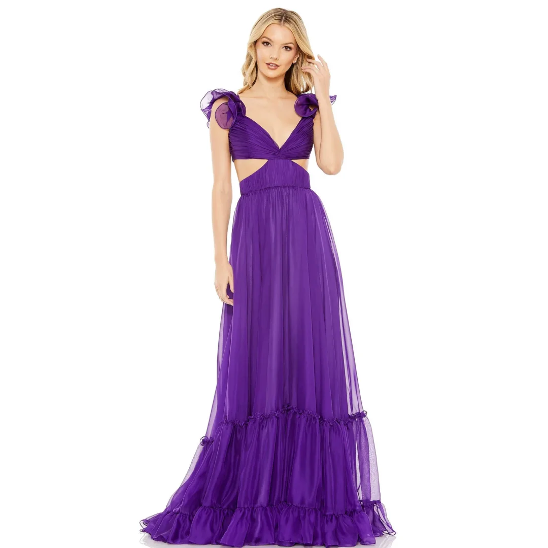 A Line Prom Dresses Cutaway Sides Flowy Maxi Gown Ruffle Straps Birthday Party Dress Backless vestido de novia
A Line Prom Dresses Cutaway Sides Flowy Maxi Gown Ruffle Straps Birthday Party Dress Backless vestido de novia