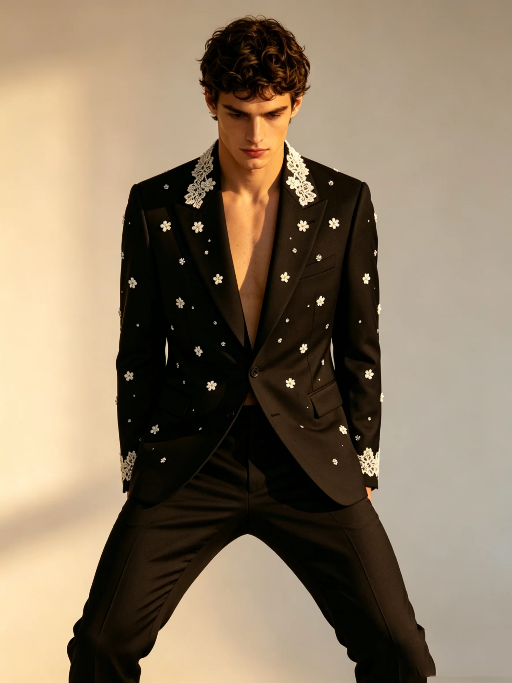 Black Appliqued Floral Men Suit Set 2 Piece Blazer+Pants Prom Wedding Tuxedos Coat Customized Formal Office Fashion Groom Jacket
Black Appliqued Floral Men Suit Set 2 Piece Blazer+Pants Prom Wedding Tuxedos Coat Customized Formal Office Fashion Groom Jacket