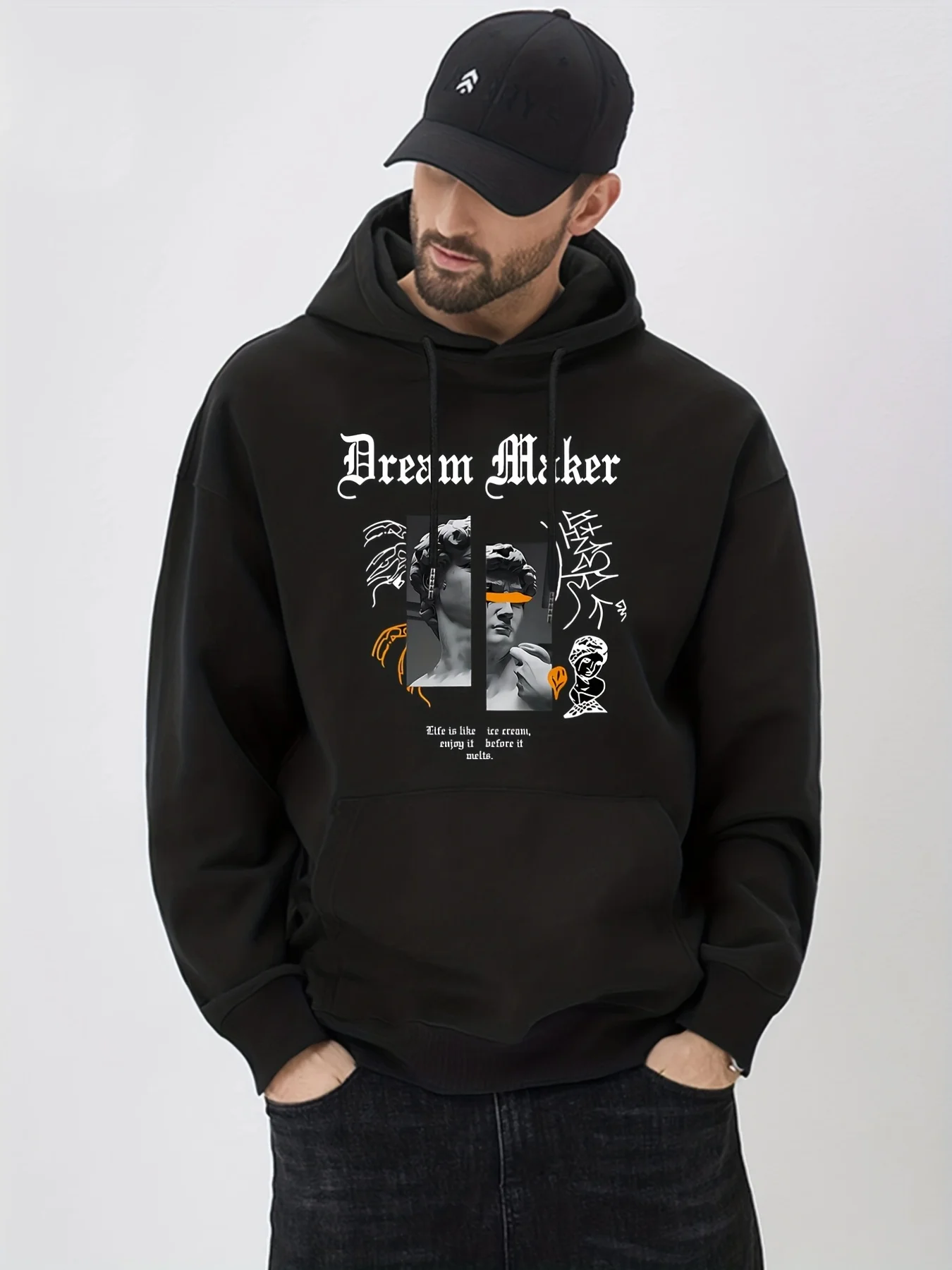 Statue David Print Hoodie, Men's Casual Graphic Design Pullover Hooded Sweatshirt With Kangaroo Pocket Streetwear
Statue David Print Hoodie, Men's Casual Graphic Design Pullover Hooded Sweatshirt With Kangaroo Pocket Streetwear