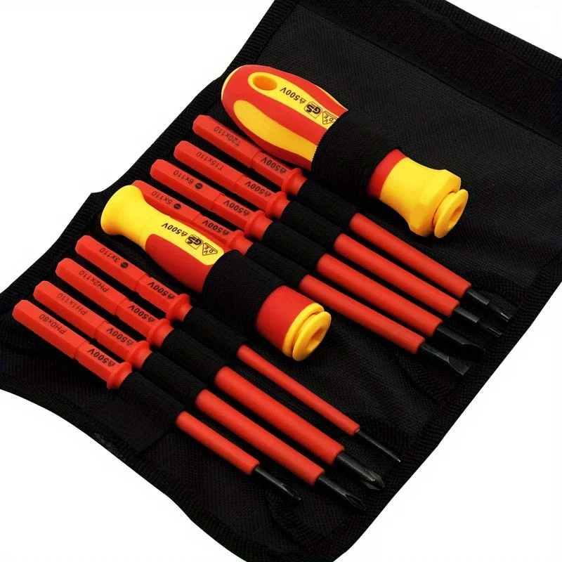 A 10-piece insulated screwdriver set, a combination of maintenance tools and anti-electric shock screwdrivers for electricians.
A 10-piece insulated screwdriver set, a combination of maintenance tools and anti-electric shock screwdrivers for electricians.