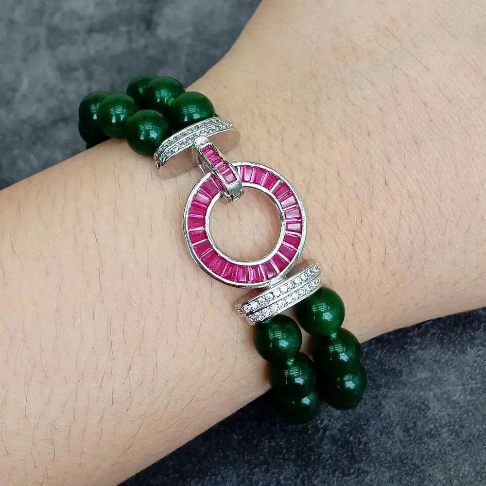 YYGEM Cz Pave Clasp 2 strands 8mm round Green Jade Bracelet
YYGEM Cz Pave Clasp 2 strands 8mm round Green Jade Bracelet