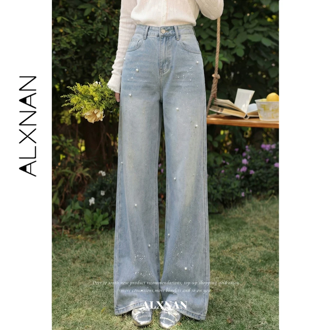 ALXNAN Women's Jeans Blue Straight Leg High Waist Vintage Classic Casual Denim Pants Pearl Beaded Design Jeans Ladies L62878A
ALXNAN Women's Jeans Blue Straight Leg High Waist Vintage Classic Casual Denim Pants Pearl Beaded Design Jeans Ladies L62878A