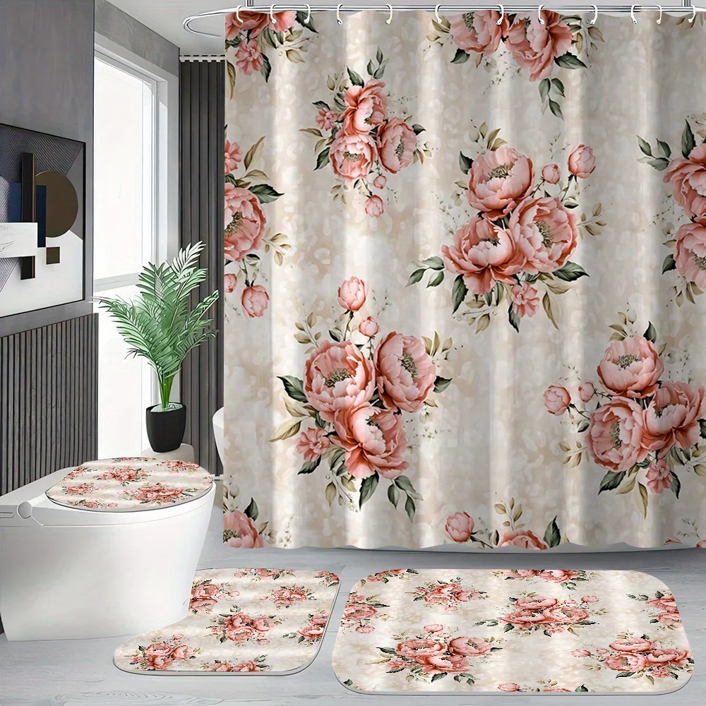 Набор из 4 предметов очаровательного розового и зеленого цветочного узора для ванной комнаты, занавески для душа, U-образного коврика, нескользящего коврика для сиденья унитаза
Набор из 4 предметов очаровательного розового и зеленого цветочного узора для ванной комнаты, занавески для душа, U-образного коврика, нескользящего коврика для сиденья унитаза