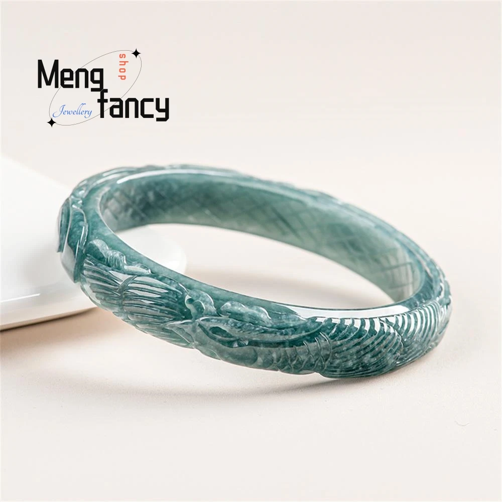 Natural A-goods Jadeite Blue Water Positive Circle Three-dimensional Carving Phoenix Bangle Exquisite Engraver Fashion Jewelry
Natural A-goods Jadeite Blue Water Positive Circle Three-dimensional Carving Phoenix Bangle Exquisite Engraver Fashion Jewelry