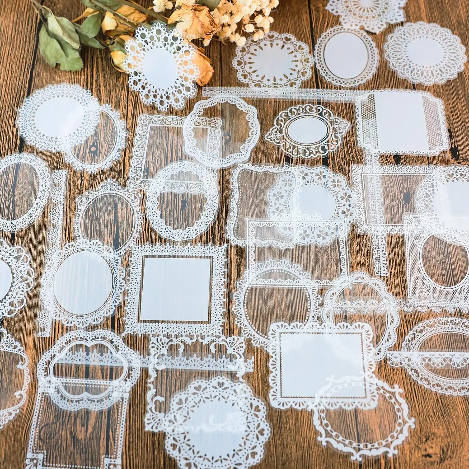120 PCs Transparent Lace Stickers for Scrapbooking, DIY Decoration, Notebook, Album
120 PCs Transparent Lace Stickers for Scrapbooking, DIY Decoration, Notebook, Album