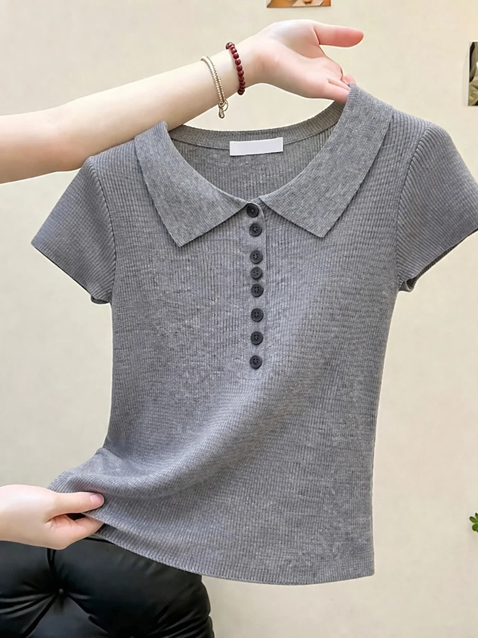 Korean Style College Fashion Color Neck Short Sleeve Knitted Slimming Simple Top Summer High End Feeling Shirt
Korean Style College Fashion Color Neck Short Sleeve Knitted Slimming Simple Top Summer High End Feeling Shirt