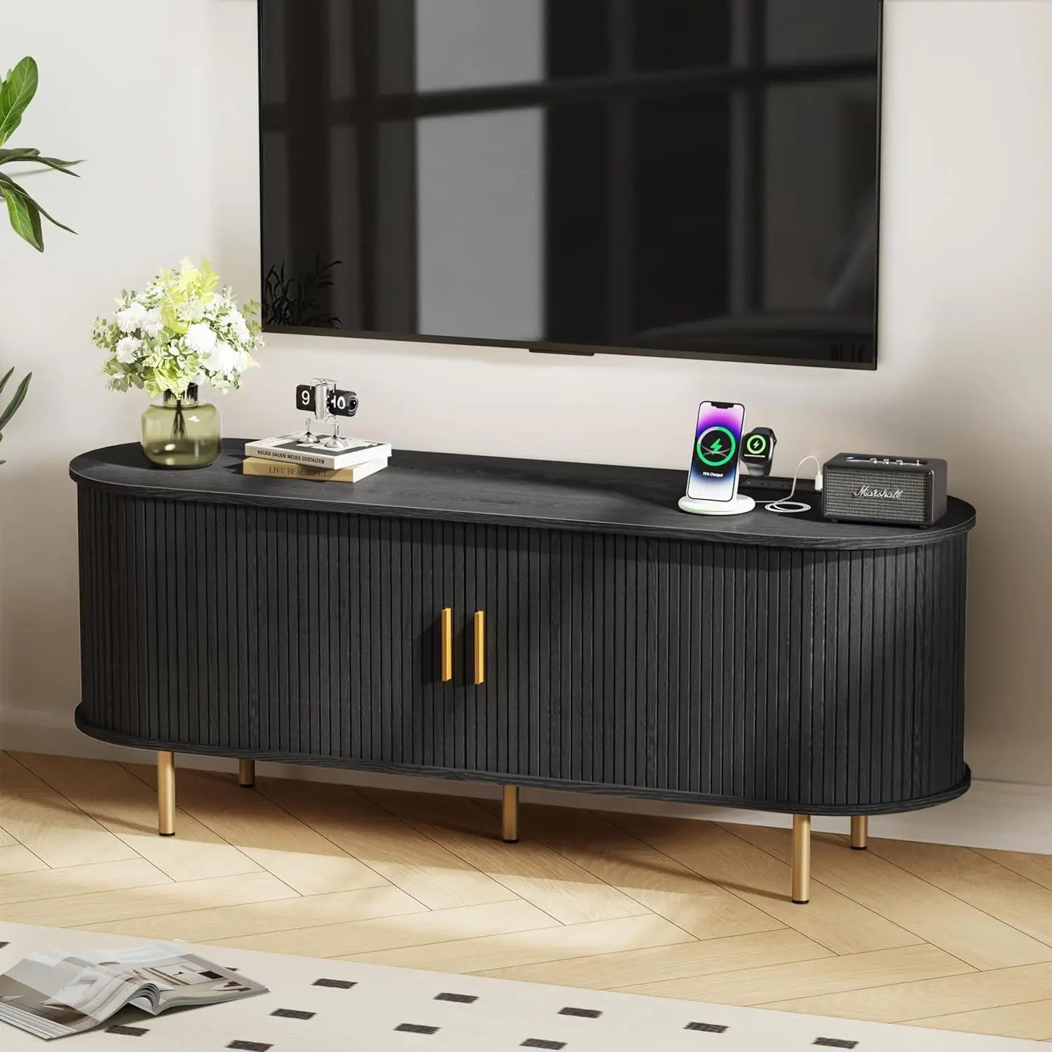 55in Mid Century Modern TV Stand Power Outlet Storage Adjustable Shelves Sliding Doors Living Room Black Custom
55in Mid Century Modern TV Stand Power Outlet Storage Adjustable Shelves Sliding Doors Living Room Black Custom