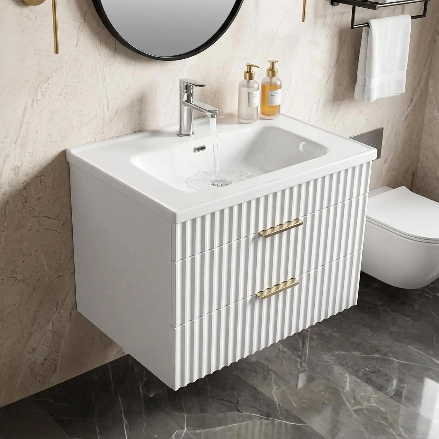 24" Wall Mounted Bathroom Vanity with Ceramic Sink 2 Storage Drawers Gold Handles Smooth Glide White, Customized
24" Wall Mounted Bathroom Vanity with Ceramic Sink 2 Storage Drawers Gold Handles Smooth Glide White, Customized
