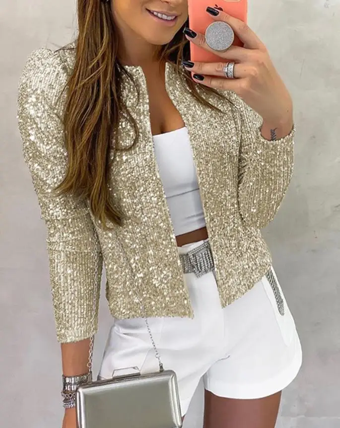 Women's Coat Fashionable Winter New Leopard Pattern Allover Sequin Baseball Collar Long Sleeves Jacket Front Zipper Casual Coat
Women's Coat Fashionable Winter New Leopard Pattern Allover Sequin Baseball Collar Long Sleeves Jacket Front Zipper Casual Coat