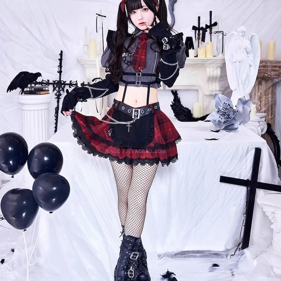 Japanese Mine Department Gothic Punk Girl Chain Sleeve Zipper Short Shirt and Lace Plaid College Pleated Mini Skirt Sweet Set
Japanese Mine Department Gothic Punk Girl Chain Sleeve Zipper Short Shirt and Lace Plaid College Pleated Mini Skirt Sweet Set