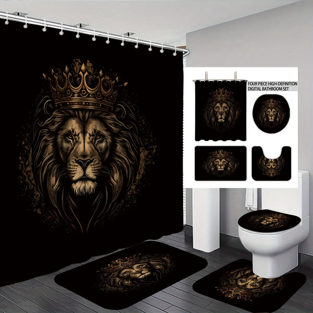 4pcs Lion King Print Bathroom Set 180x180 Waterproof Shower Curtain Floor Mat U-Shaped Toilet Mat
4pcs Lion King Print Bathroom Set 180x180 Waterproof Shower Curtain Floor Mat U-Shaped Toilet Mat