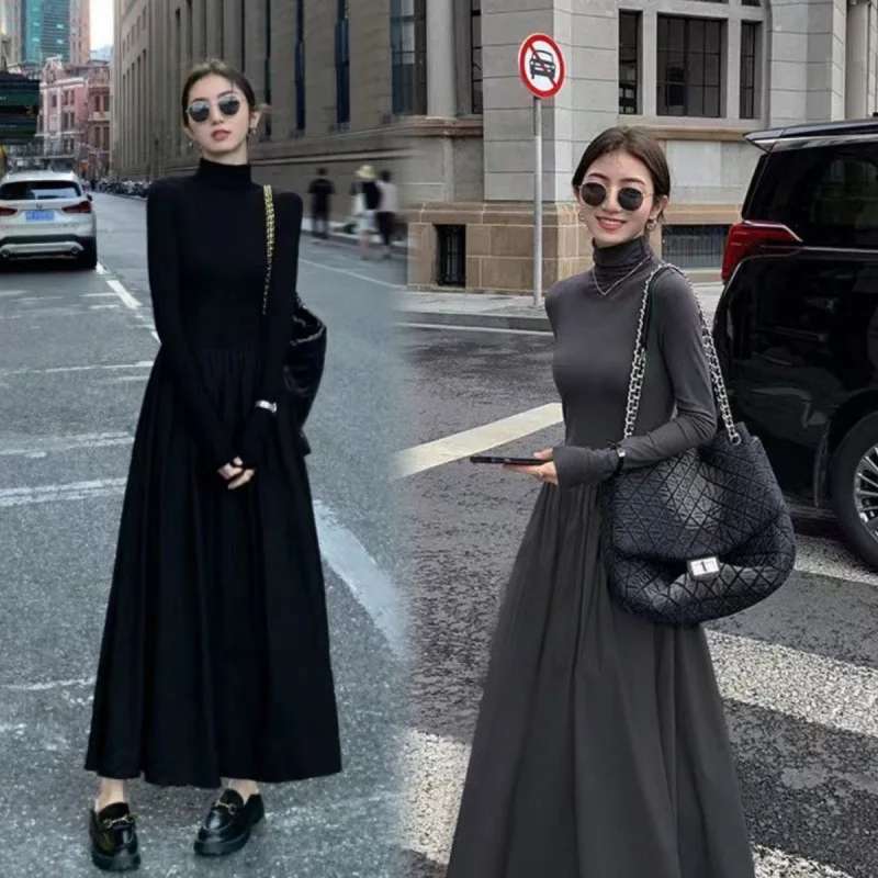 Black Gray Turtleneck Long Sleeve Dress Autumn Winter Women Maxi Patchwork Pleated Skirt French Korean Casual Office Dress 원피스
Black Gray Turtleneck Long Sleeve Dress Autumn Winter Women Maxi Patchwork Pleated Skirt French Korean Casual Office Dress 원피스