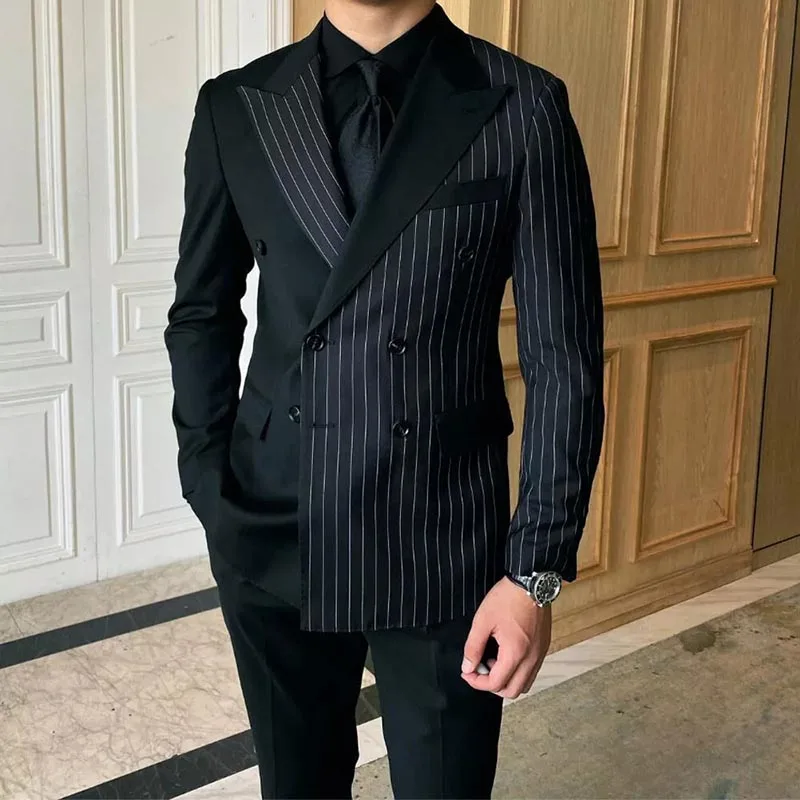 Formal Men Suits Stripe Double Breasted Peak Lapel Regular Length Chic 2 Piece Jacket Pants Costume Homme Blazer Slim Fit Sets
Formal Men Suits Stripe Double Breasted Peak Lapel Regular Length Chic 2 Piece Jacket Pants Costume Homme Blazer Slim Fit Sets