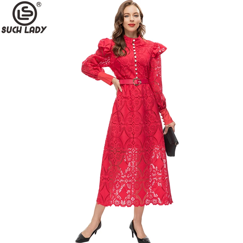 Women's Runway Dresses O Neck Long Sleeves Embroidery Single Buttons Lace High Street Fashion Vestidos
Women's Runway Dresses O Neck Long Sleeves Embroidery Single Buttons Lace High Street Fashion Vestidos
