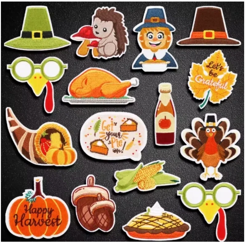 Autumn Harvest Embroidery Cloth Sticker Thanksgiving Pumpkin Maple Leaf Computer Embroidery Label Corn Embroidery Chapter Boy