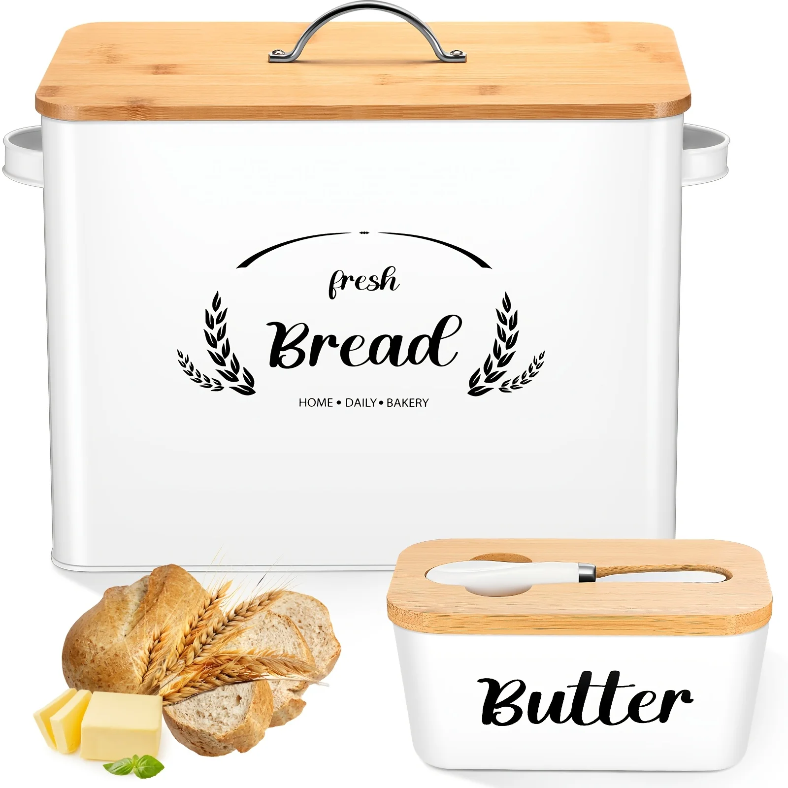 2pcs Large Bread Box Set for Kitchen Countertop with Ceramic Butter Dish Holder Bamboo Lid Knife Metal Bread Holder Farmhouse Kitchen Storage Container for Home Housewarming Gift(White)
2pcs Large Bread Box Set for Kitchen Countertop with Ceramic Butter Dish Holder Bamboo Lid Knife Metal Bread Holder Farmhouse Kitchen Storage Container for Home Housewarming Gift(White)