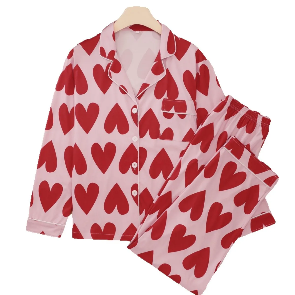 Женский повседневный пижамный комплект для весны и лета: рубашка с длинным рукавом, отложным воротником и принтом в виде сердец + свободные брюки, домашняя одежда для женщин
Женский повседневный пижамный комплект для весны и лета: рубашка с длинным рукавом, отложным воротником и принтом в виде сердец + свободные брюки, домашняя одежда для женщин