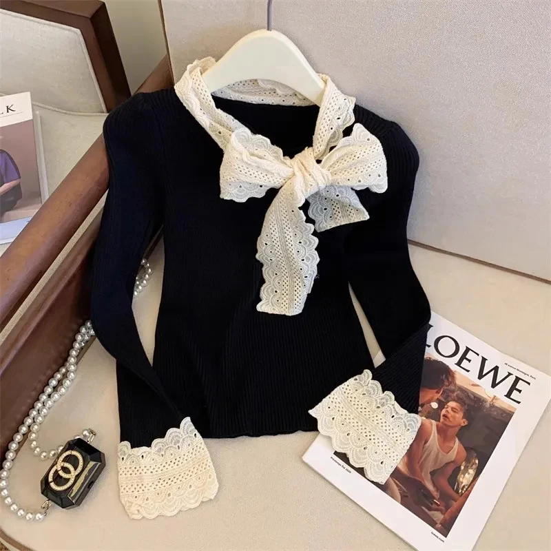 Gidyq Sweet Women Sweater Pullover Autumn Vintage Lace Patchwork Knit Jumpers Korean Fashion Bow Lace Up Slim Tops Female
Gidyq Sweet Women Sweater Pullover Autumn Vintage Lace Patchwork Knit Jumpers Korean Fashion Bow Lace Up Slim Tops Female