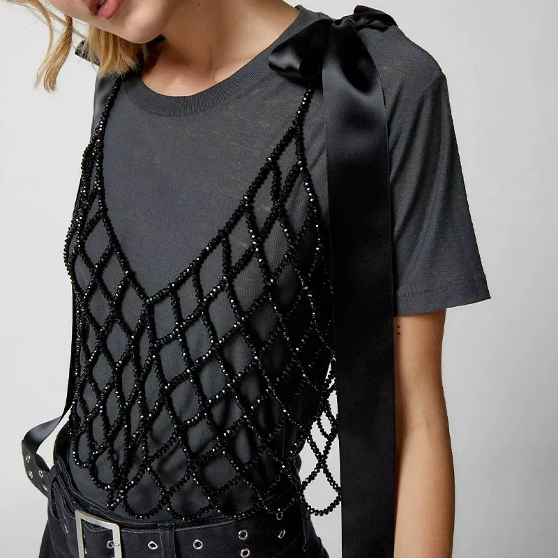 Pearl tank top versatile for outerwear, bow ribbon decoration, black suspender top, hand woven
Pearl tank top versatile for outerwear, bow ribbon decoration, black suspender top, hand woven