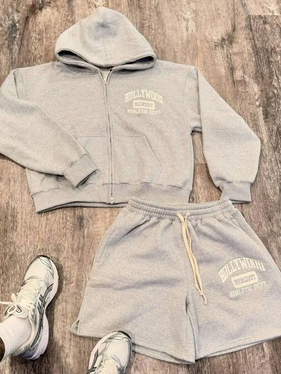 Gray Solid Color Mens Zip-Up Hoodie And Matching Shorts Two-Piece Casual Outfit
Gray Solid Color Mens Zip-Up Hoodie And Matching Shorts Two-Piece Casual Outfit