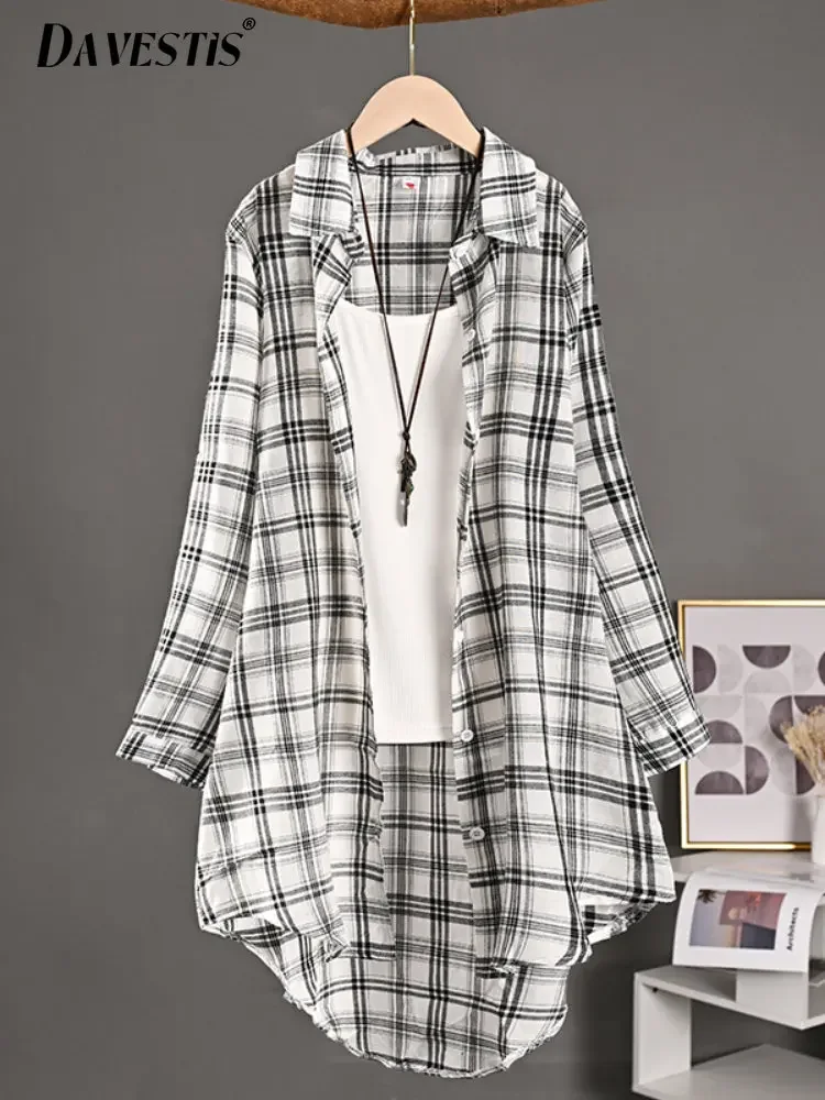 Casual Plaid Shirt Women 2023 Spring Summer Hong Kong Style Loose Thin Midi Length Shirt Lady Single Breasted Sunscreen Blouse
Casual Plaid Shirt Women 2023 Spring Summer Hong Kong Style Loose Thin Midi Length Shirt Lady Single Breasted Sunscreen Blouse