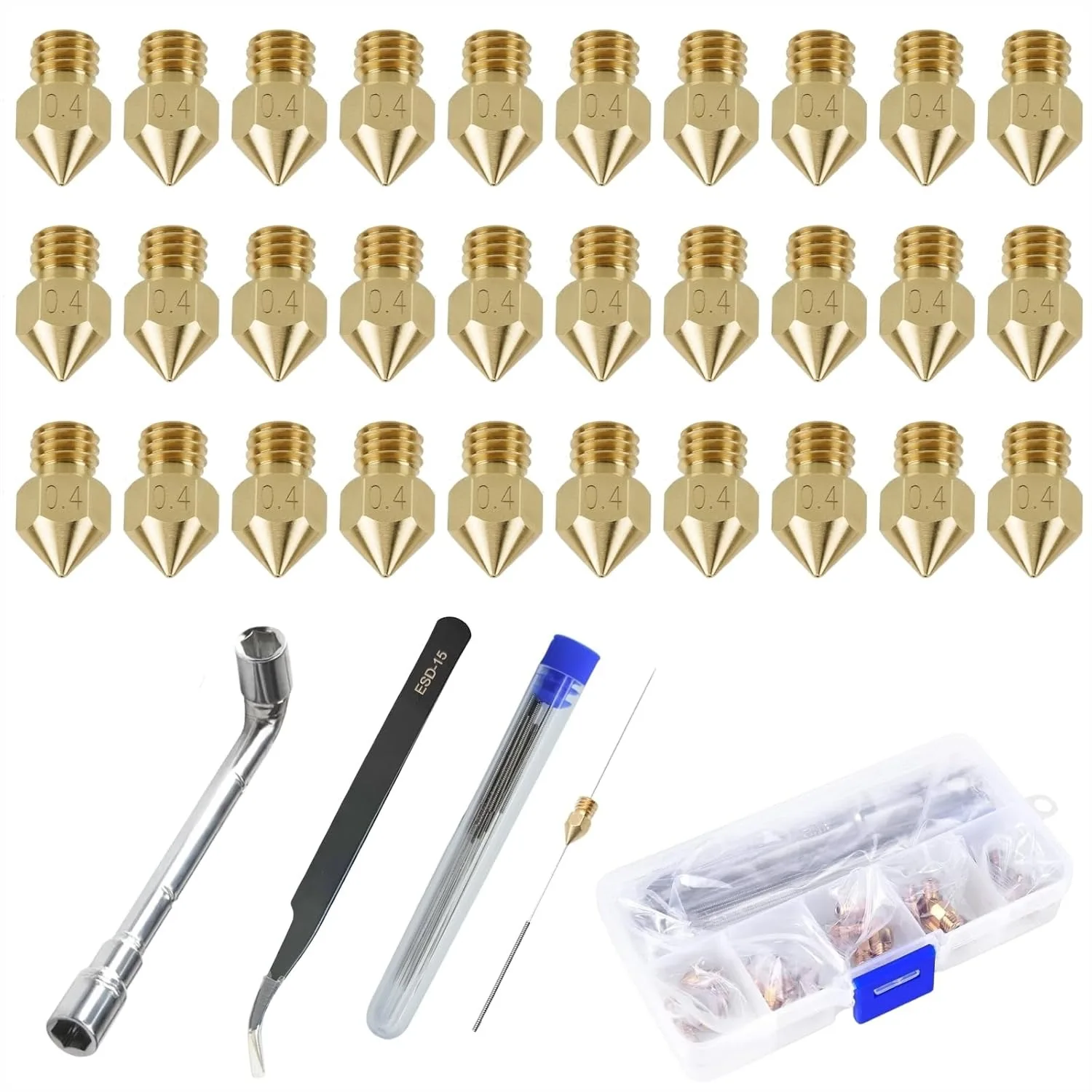 30PCS 0.4mm Brass Nozzles for 3D Printer, with Tools and Storage Box
30PCS 0.4mm Brass Nozzles for 3D Printer, with Tools and Storage Box