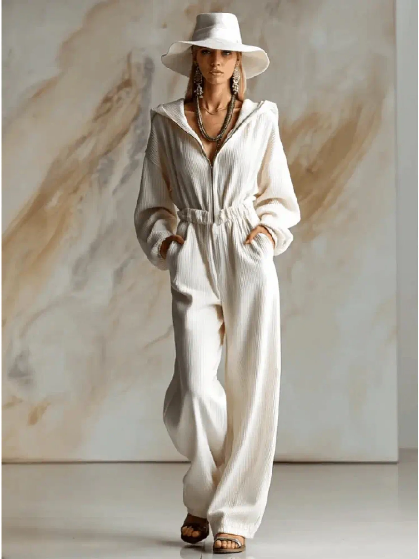 Casual loose and fashionable white corduroy hooded front zipper long-sleeved jumpsuit
Casual loose and fashionable white corduroy hooded front zipper long-sleeved jumpsuit