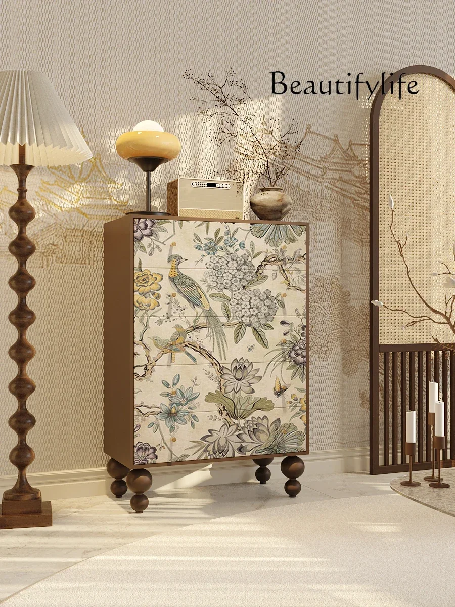 French retro style solid wood chest cabinet household living room bedroom wall art painted flower and bird decorative cabinet
French retro style solid wood chest cabinet household living room bedroom wall art painted flower and bird decorative cabinet