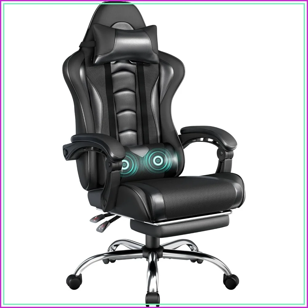 Ergonomic Gaming Chair with Massage Lumbar Support, Footrest, Height Adjustable, Swivel & Headrest, Full Black
Ergonomic Gaming Chair with Massage Lumbar Support, Footrest, Height Adjustable, Swivel & Headrest, Full Black