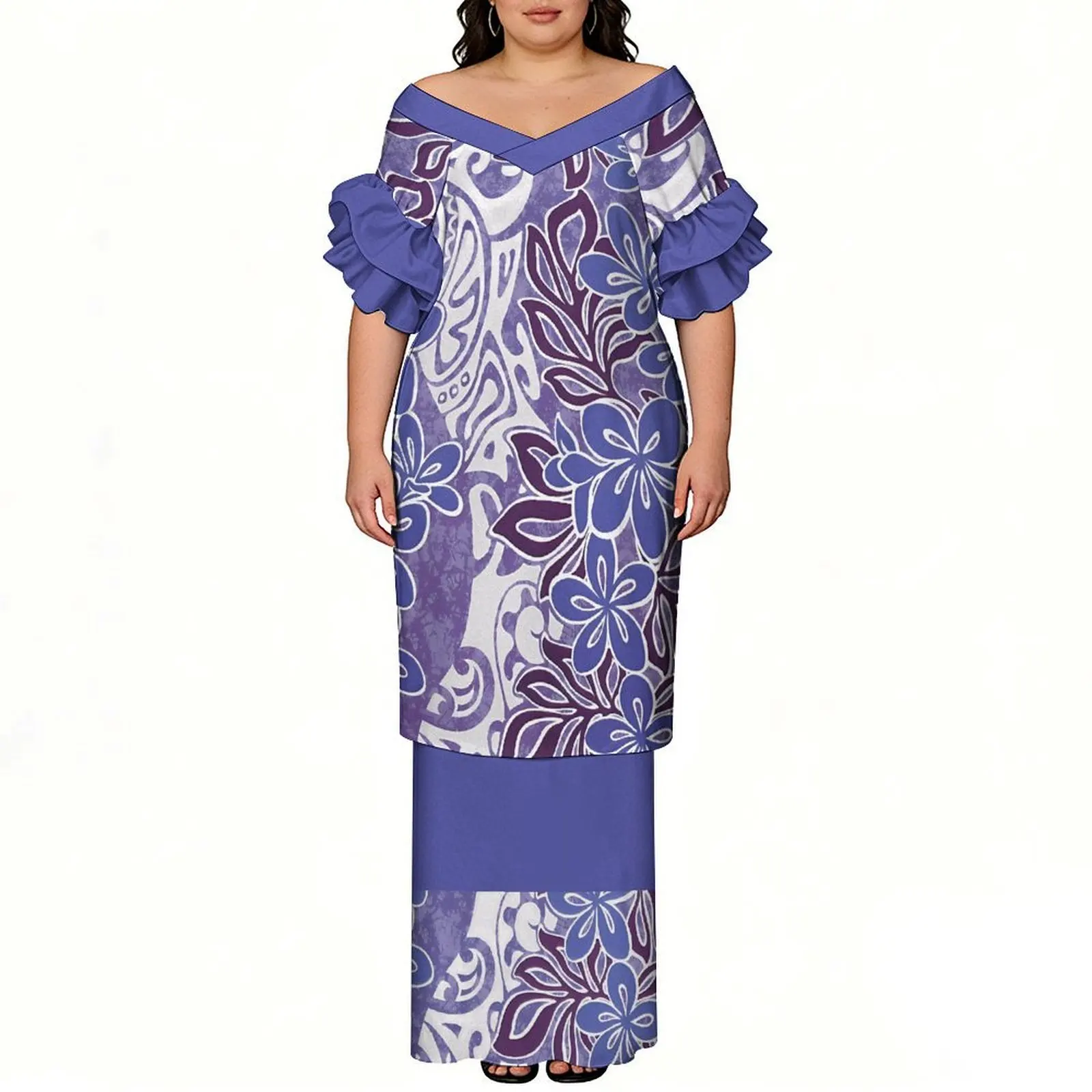 Tribal Designed Floral Print Summer Polynesian Women'S Custom V-Neck Petal Sleeve Set Skirt In Puletasi Style Long Dress
Tribal Designed Floral Print Summer Polynesian Women'S Custom V-Neck Petal Sleeve Set Skirt In Puletasi Style Long Dress