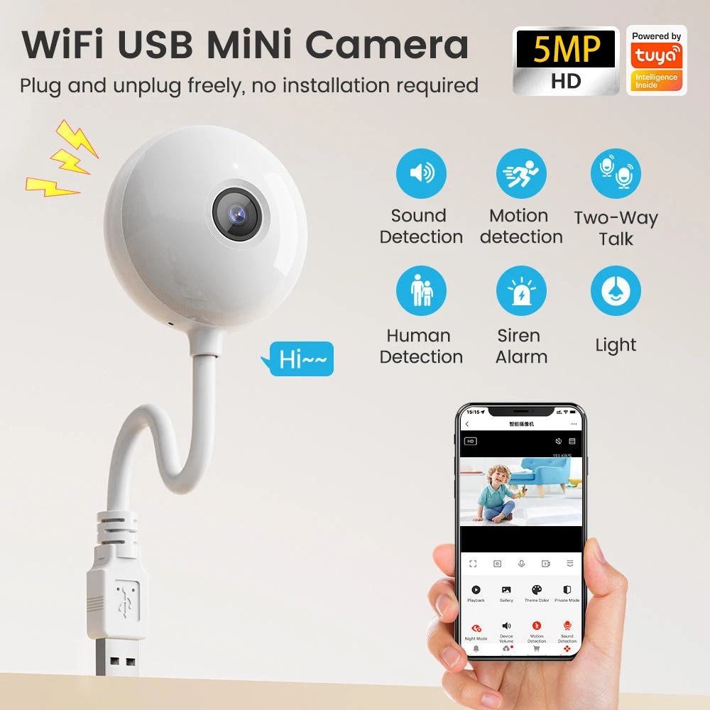 Tuya Mini USB Indoor WIFI Security Camera Motion Detection for Baby Pet Monitor 5MP Alarm Full-Color Night Vision Home Camera
Tuya Mini USB Indoor WIFI Security Camera Motion Detection for Baby Pet Monitor 5MP Alarm Full-Color Night Vision Home Camera