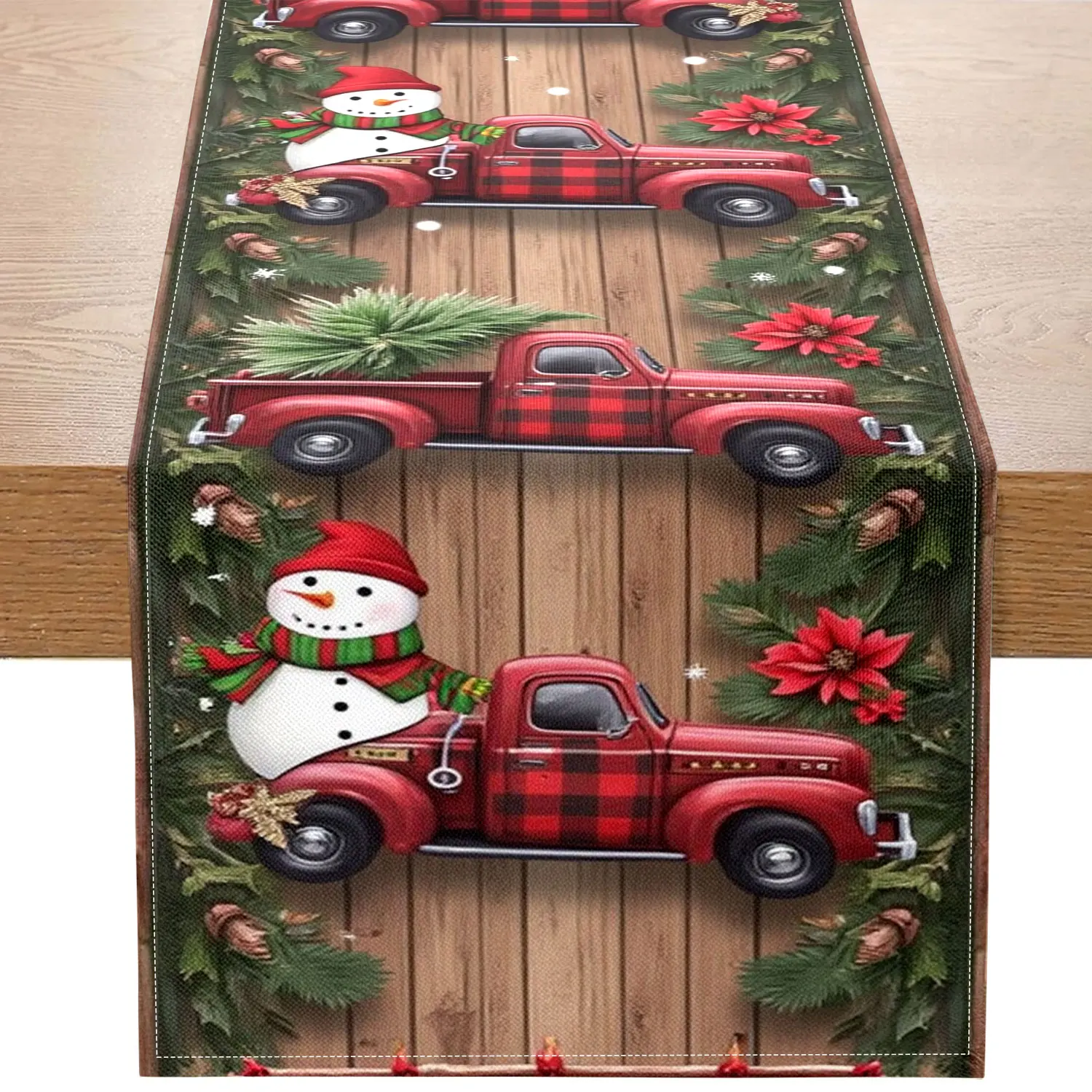 1 Piece of Christmas Retro Truck-Themed Table Runner, Decorated with Red Plaid Trucks, Snowmen, and Poinsettias, Suitable for Christmas and Retro-Style Decoration
1 Piece of Christmas Retro Truck-Themed Table Runner, Decorated with Red Plaid Trucks, Snowmen, and Poinsettias, Suitable for Christmas and Retro-Style Decoration