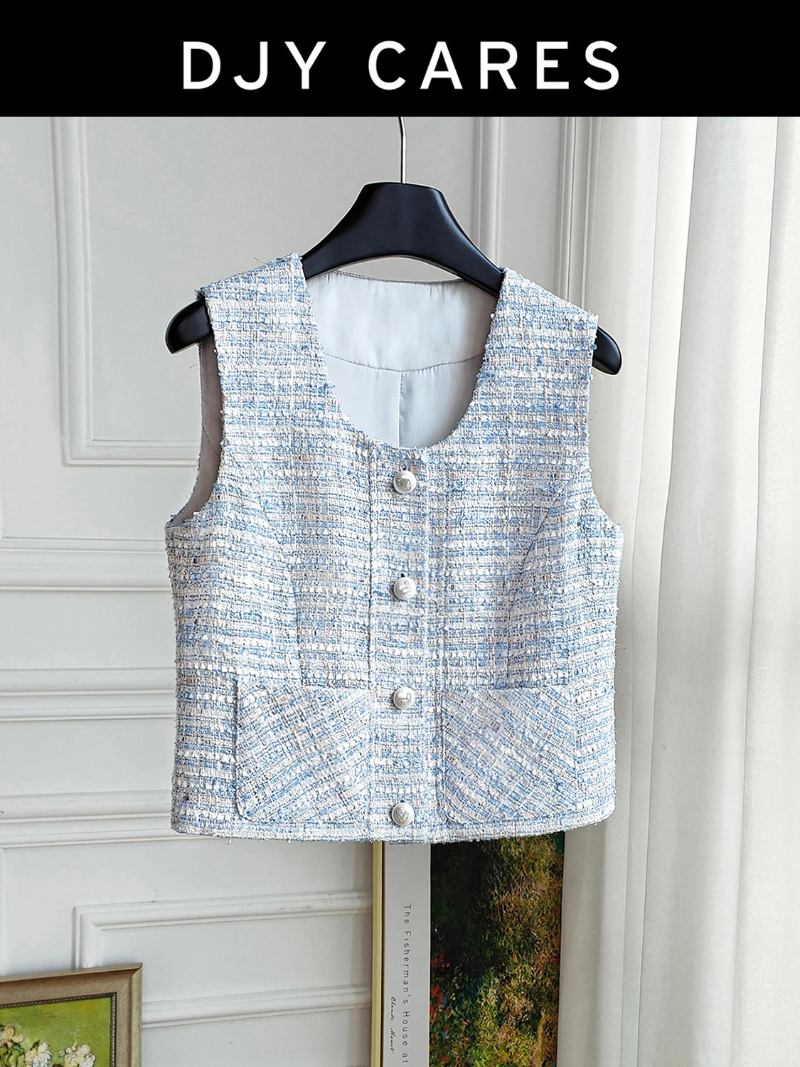 New Blue lightweight small fragrant style jacket, fashionable vest top big size
New Blue lightweight small fragrant style jacket, fashionable vest top big size