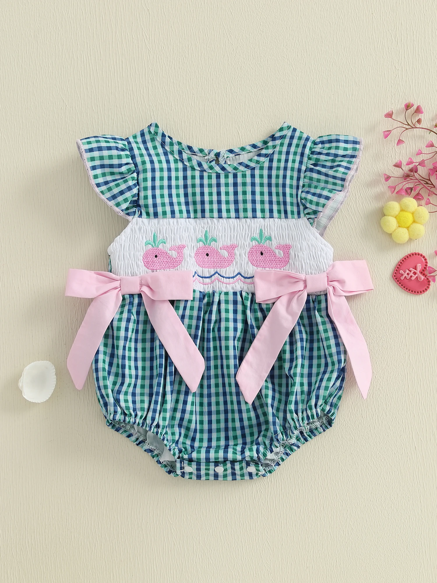 Cute Baby Girls Rompers with Adorable Dolphin Embroidery and Plaid Design Featuring Round Neck and Fly Sleeve for Infants
Cute Baby Girls Rompers with Adorable Dolphin Embroidery and Plaid Design Featuring Round Neck and Fly Sleeve for Infants