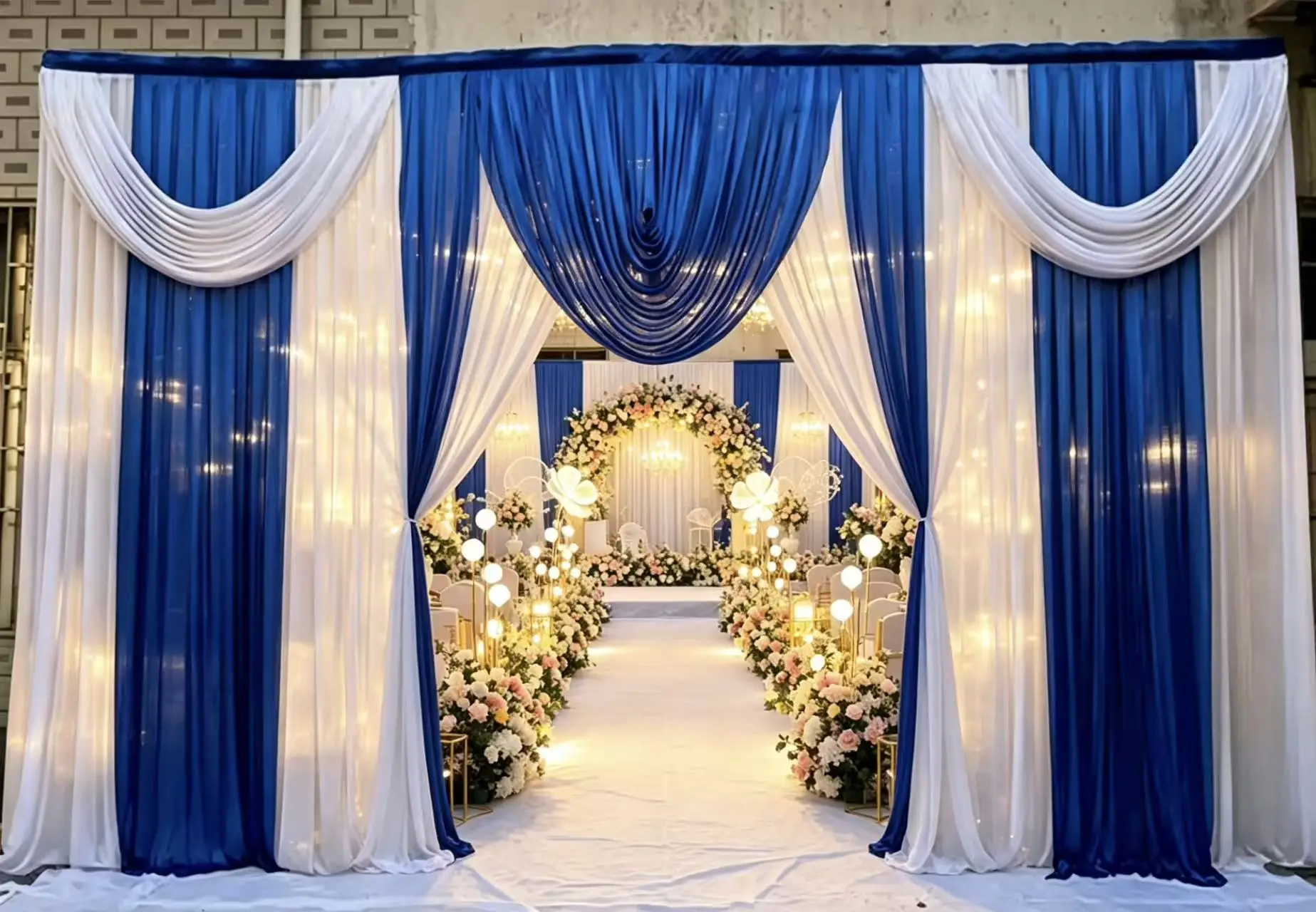 3X6M/10X20FT White Curtain Background With Blue Swags Backdrop for Events Graduation Prom Wedding Ceremony Stage Decoration
3X6M/10X20FT White Curtain Background With Blue Swags Backdrop for Events Graduation Prom Wedding Ceremony Stage Decoration