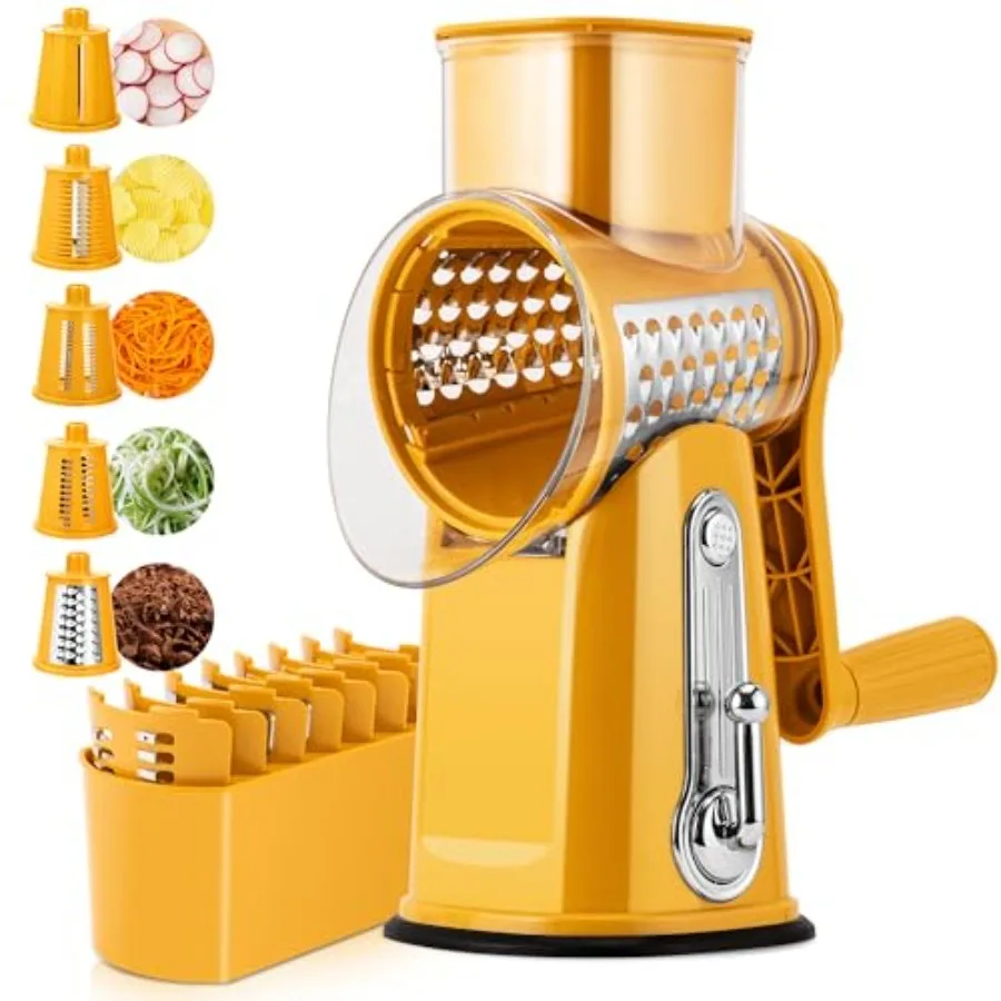 Pukomc Rotary Cheese Grater with Handle 5 Blades Suction Base Mandoline Slicer Veg Shredder with Blade Storage Box Yellow
Pukomc Rotary Cheese Grater with Handle 5 Blades Suction Base Mandoline Slicer Veg Shredder with Blade Storage Box Yellow
