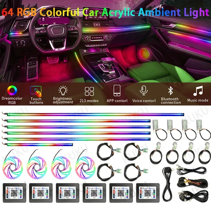 Автомобильные акриловые яркие лампы, 64 RGB, радужные неоновые разноцветные универсальные автомобильные внутренние атмосферные огни
Автомобильные акриловые яркие лампы, 64 RGB, радужные неоновые разноцветные универсальные автомобильные внутренние атмосферные огни