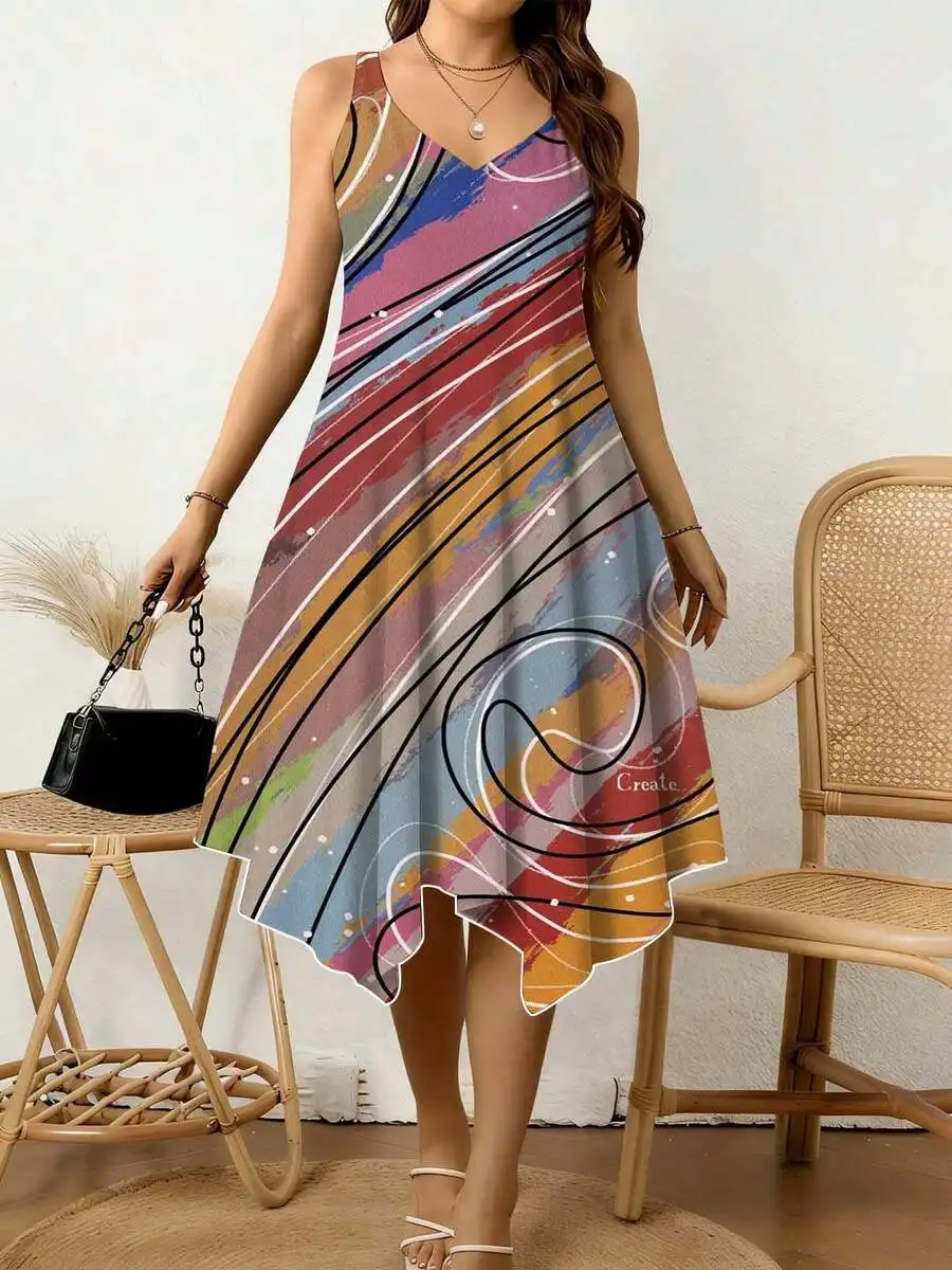 Women V-Neck Sleeveless Dress With Asymmetrical Hem And Abstract Multicolor Swirl Stripe Print For Summer Casual Beach Wear
Women V-Neck Sleeveless Dress With Asymmetrical Hem And Abstract Multicolor Swirl Stripe Print For Summer Casual Beach Wear