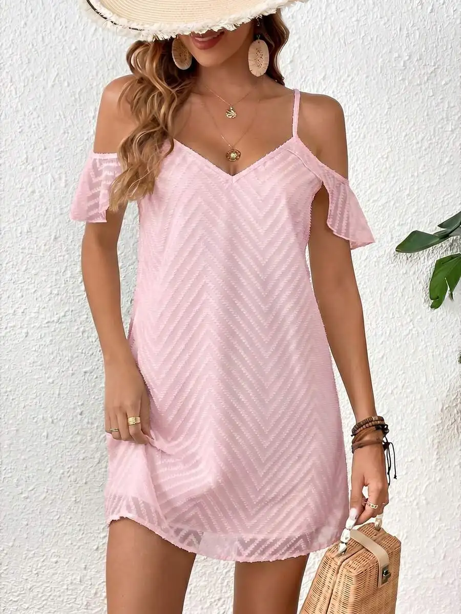 Pink Chevron Jacquard Cold Shoulder Ruffle Trim Mini Dress
Pink Chevron Jacquard Cold Shoulder Ruffle Trim Mini Dress