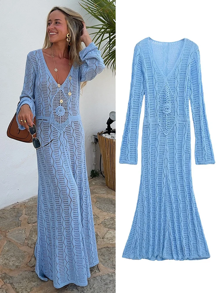 TRAFZA Women New 2024 Solid Elegant Slim V Neck Long Sleeved Ankle Length Dress Female Chic Hollow Out Decoration Holiday Dress
TRAFZA Women New 2024 Solid Elegant Slim V Neck Long Sleeved Ankle Length Dress Female Chic Hollow Out Decoration Holiday Dress