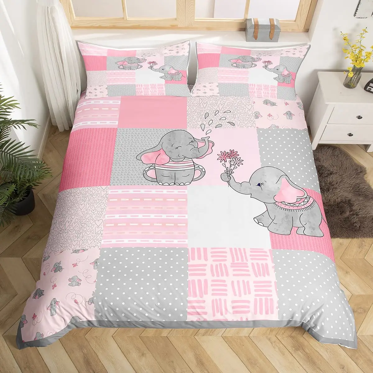 Girls Cute Elephant Duvet Cover Large Size, Pink Gray Plaid Geometric Quilt Cover Set for Kids Boys Girls,Cartoon Animal Pattern
Girls Cute Elephant Duvet Cover Large Size, Pink Gray Plaid Geometric Quilt Cover Set for Kids Boys Girls,Cartoon Animal Pattern