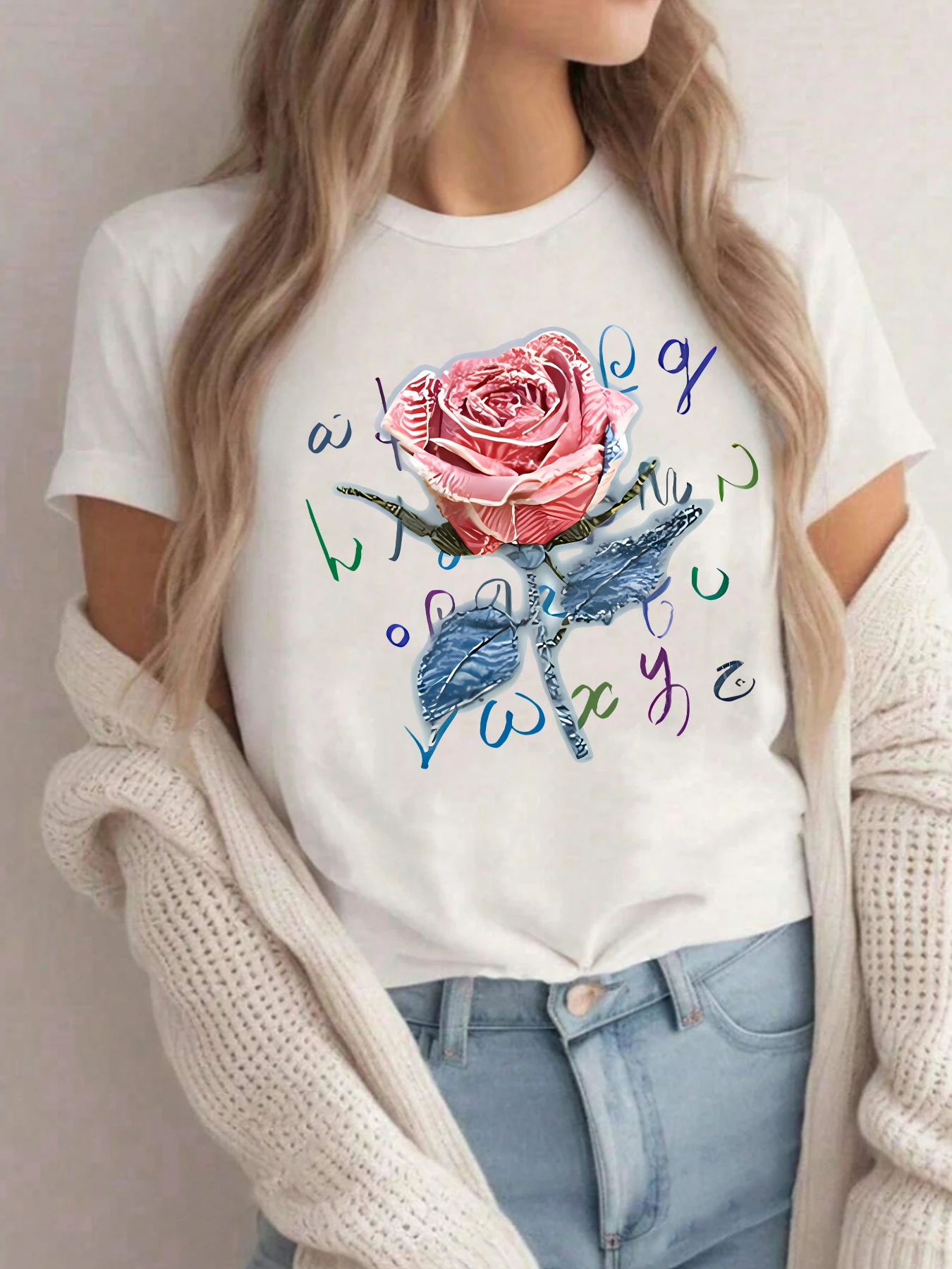 Rose and Art Letter Pattern Ladies Leisure Trend Short-sleeved T-shirt Summer Top
Rose and Art Letter Pattern Ladies Leisure Trend Short-sleeved T-shirt Summer Top