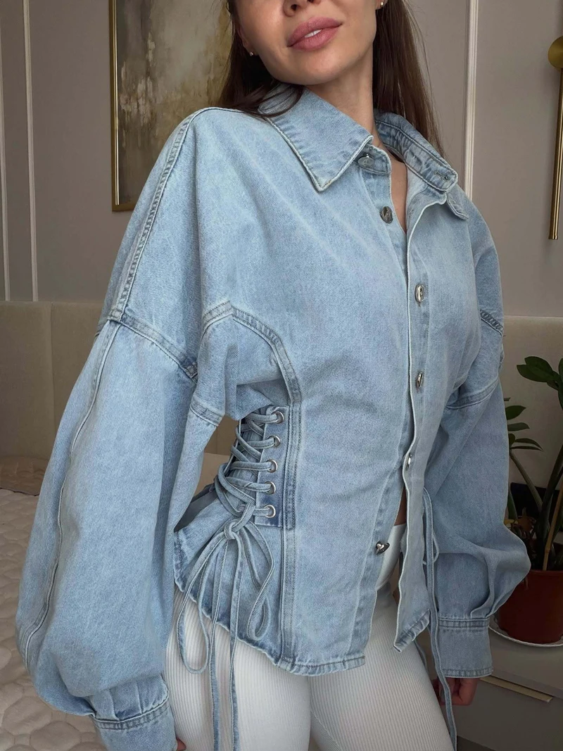 New Retro Women's Casual Cotton Blouses Long Sleeve Autumn Single Breasted Denim Top Steetwear Lace-up Wasit Cinching Shirt
New Retro Women's Casual Cotton Blouses Long Sleeve Autumn Single Breasted Denim Top Steetwear Lace-up Wasit Cinching Shirt