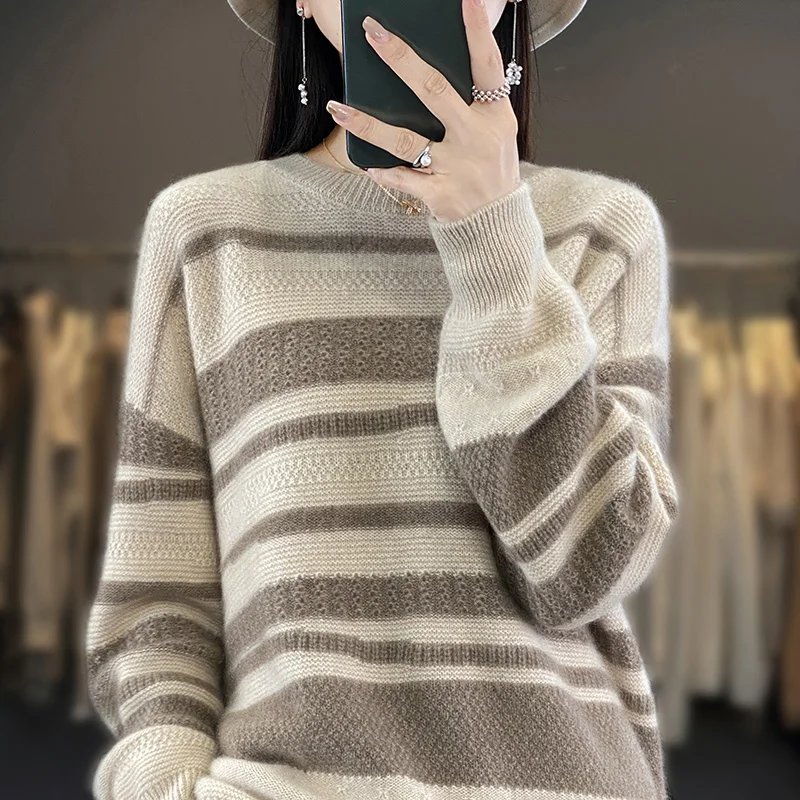 100% Pure Wool Sweater Women's Round Neck Loose Color Block Pullover Autumn/Winter New Cashmere Sweater Fashion Knit Top Female
100% Pure Wool Sweater Women's Round Neck Loose Color Block Pullover Autumn/Winter New Cashmere Sweater Fashion Knit Top Female