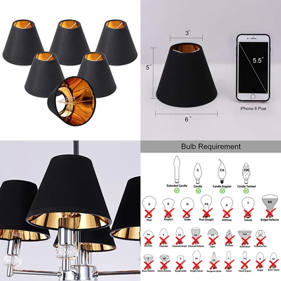 Chandelier Lamp Shades, ONLY FOR CANDELABRA BULBS, Clip-on Fitter Lampshade, 3" X 6" X 5", Set of 6
Chandelier Lamp Shades, ONLY FOR CANDELABRA BULBS, Clip-on Fitter Lampshade, 3" X 6" X 5", Set of 6
