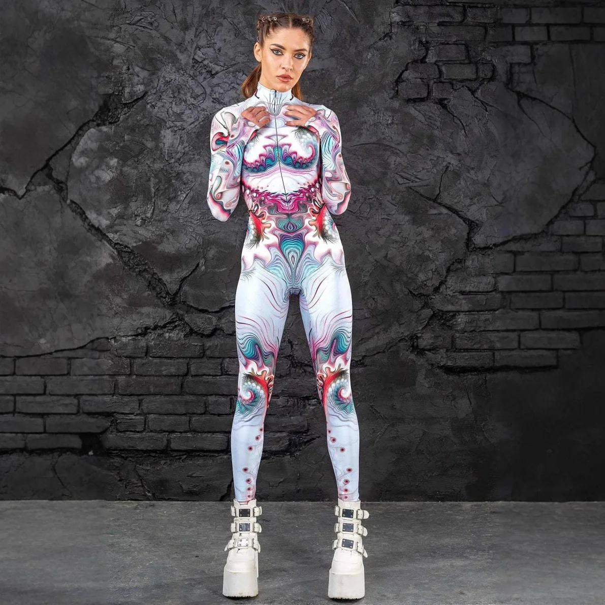 Women Cyber Punk Jumpsuit 3D Print Irregular Lines Adults Cyber Cosplay Bodysuit Halloween Carnival Party Cycling Catsuit Romper
Women Cyber Punk Jumpsuit 3D Print Irregular Lines Adults Cyber Cosplay Bodysuit Halloween Carnival Party Cycling Catsuit Romper