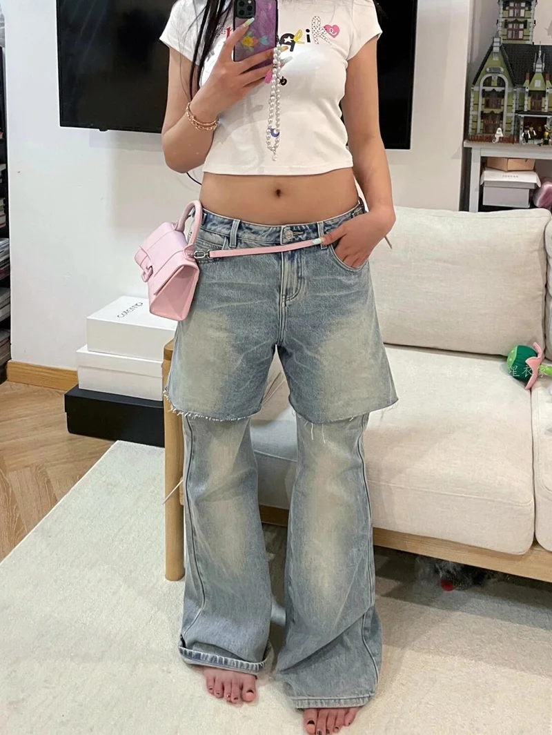 Retro American Washed Denim Jeans Women's Lazy Style Summer Design Detachable Flared Pants High Waist Long Leg Pure Color
Retro American Washed Denim Jeans Women's Lazy Style Summer Design Detachable Flared Pants High Waist Long Leg Pure Color