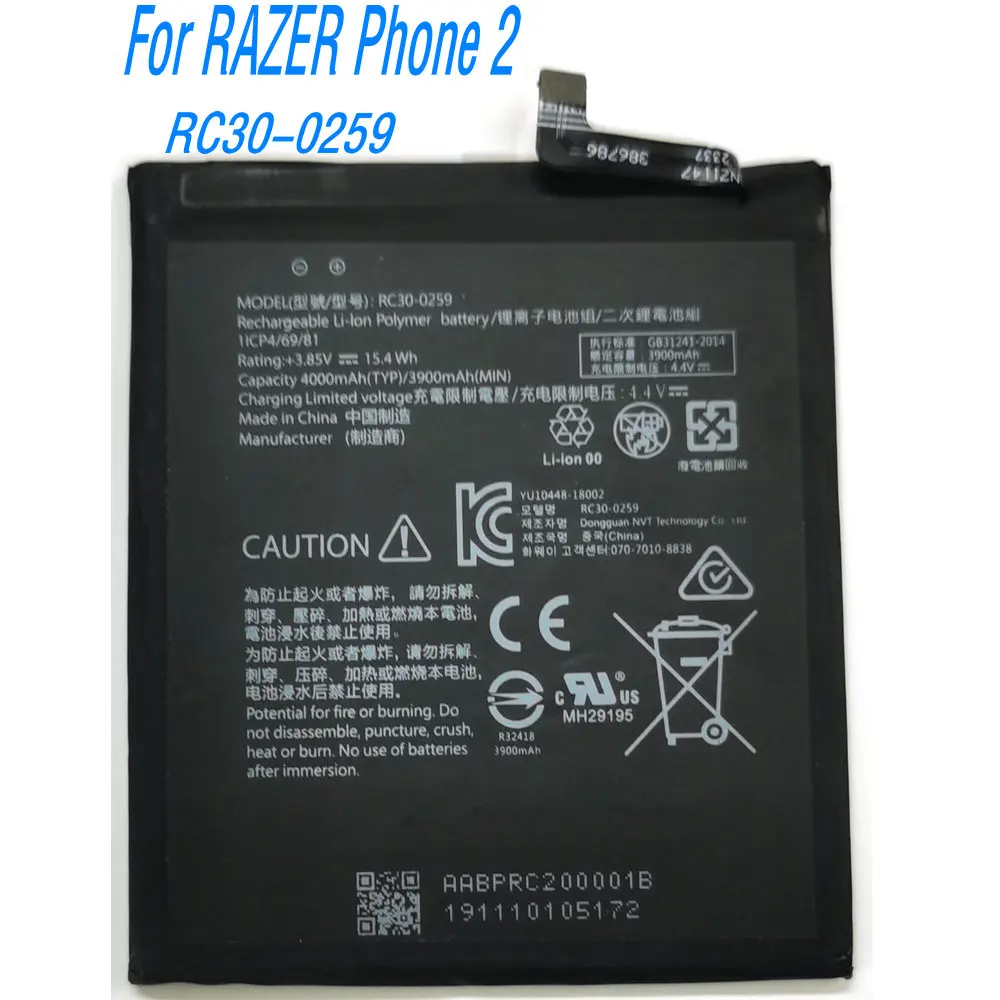 New 3.85V 15.4Wh RC30-0259 High Quality Battery For RAZER Phone 2 Mobile Phone
New 3.85V 15.4Wh RC30-0259 High Quality Battery For RAZER Phone 2 Mobile Phone