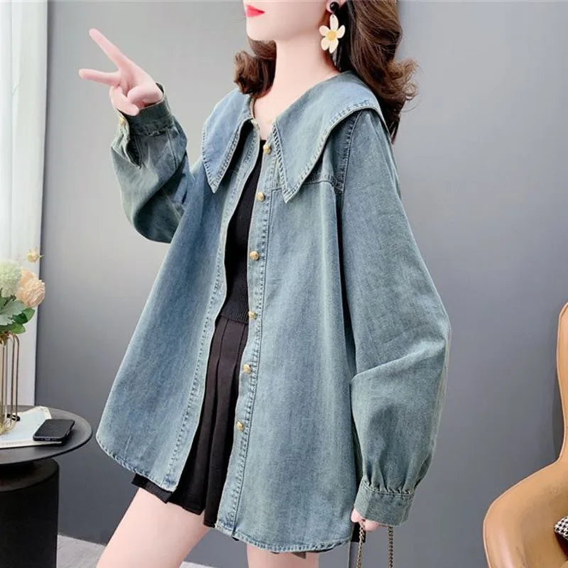 Korean Women Long Sleeves Denim Shirt Outwear 2025 Femme Doll Collar Coat Spring Autumn Ladies Solid Color Cowboy Blouse Jacket
Korean Women Long Sleeves Denim Shirt Outwear 2025 Femme Doll Collar Coat Spring Autumn Ladies Solid Color Cowboy Blouse Jacket